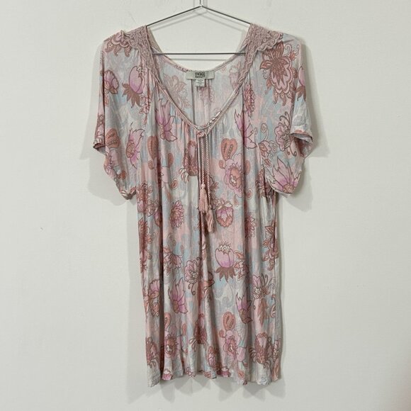VINTAGE AMERICA BLUES Top L Floral Knit Tassel Tie Lace SS V-Neck Tunic Oversize - Picture 1 of 7